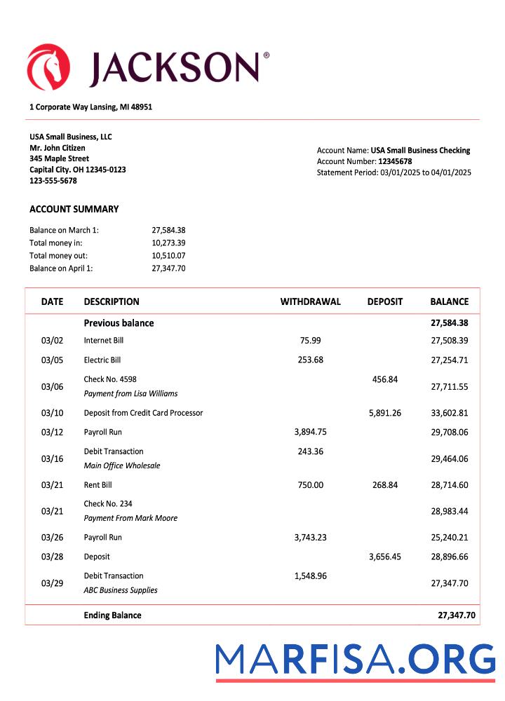 Downloadable USA Jackson National organization account statement Word and PDF template